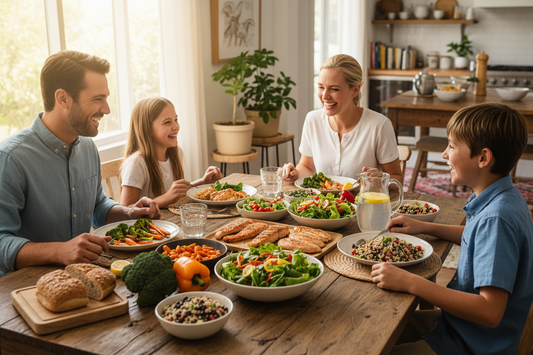 healthy family eating dinner together