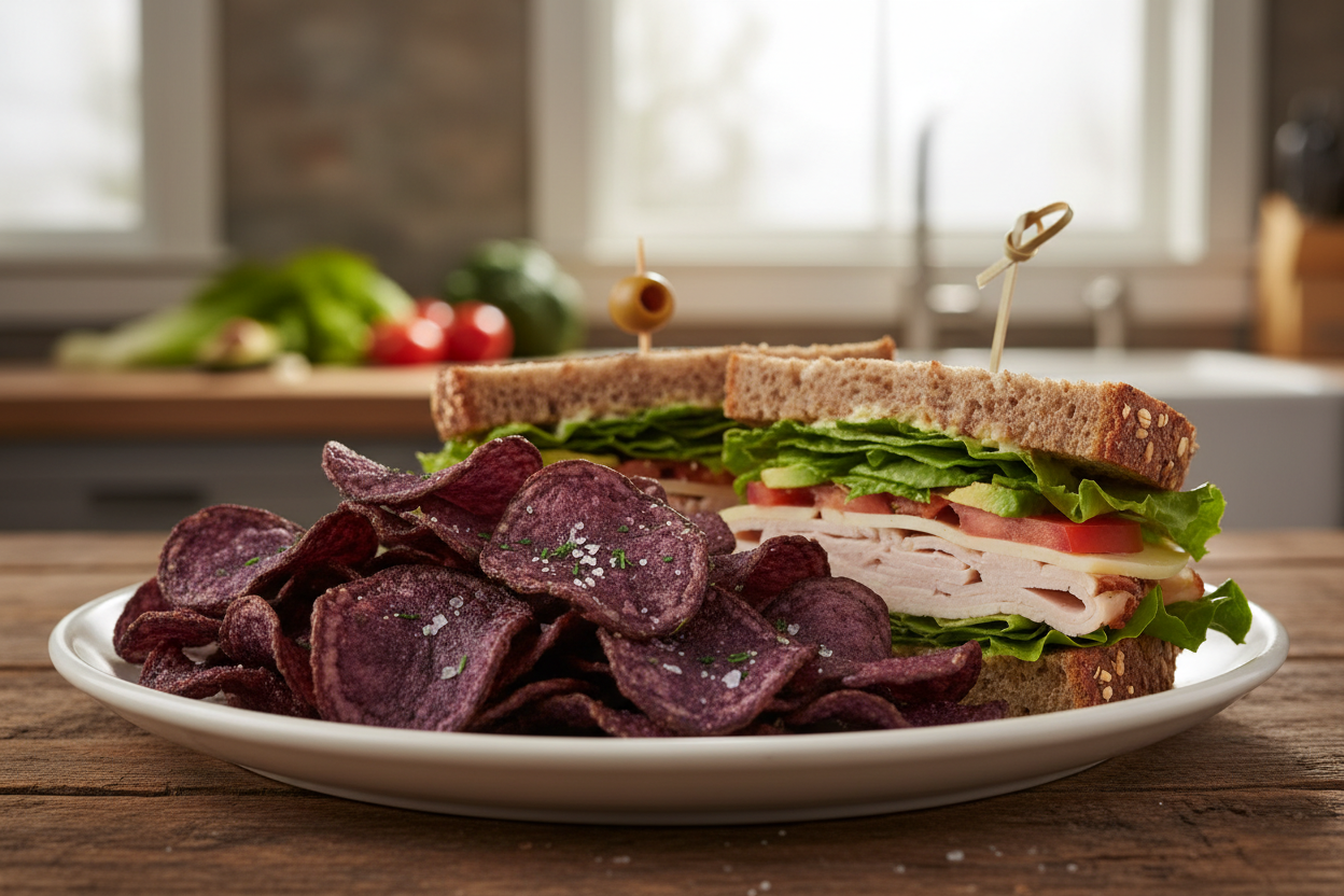 organic purple potato chips on a plate with a sandwich